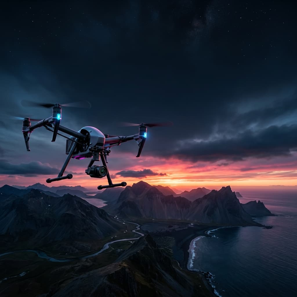 Professional drone in night mountain airspace